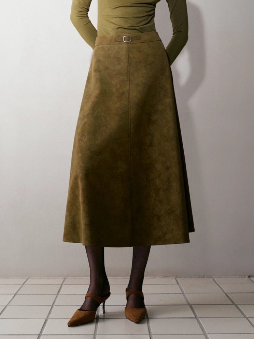 Olive Green Vegan Suede Belted A-Line Midi Skirt